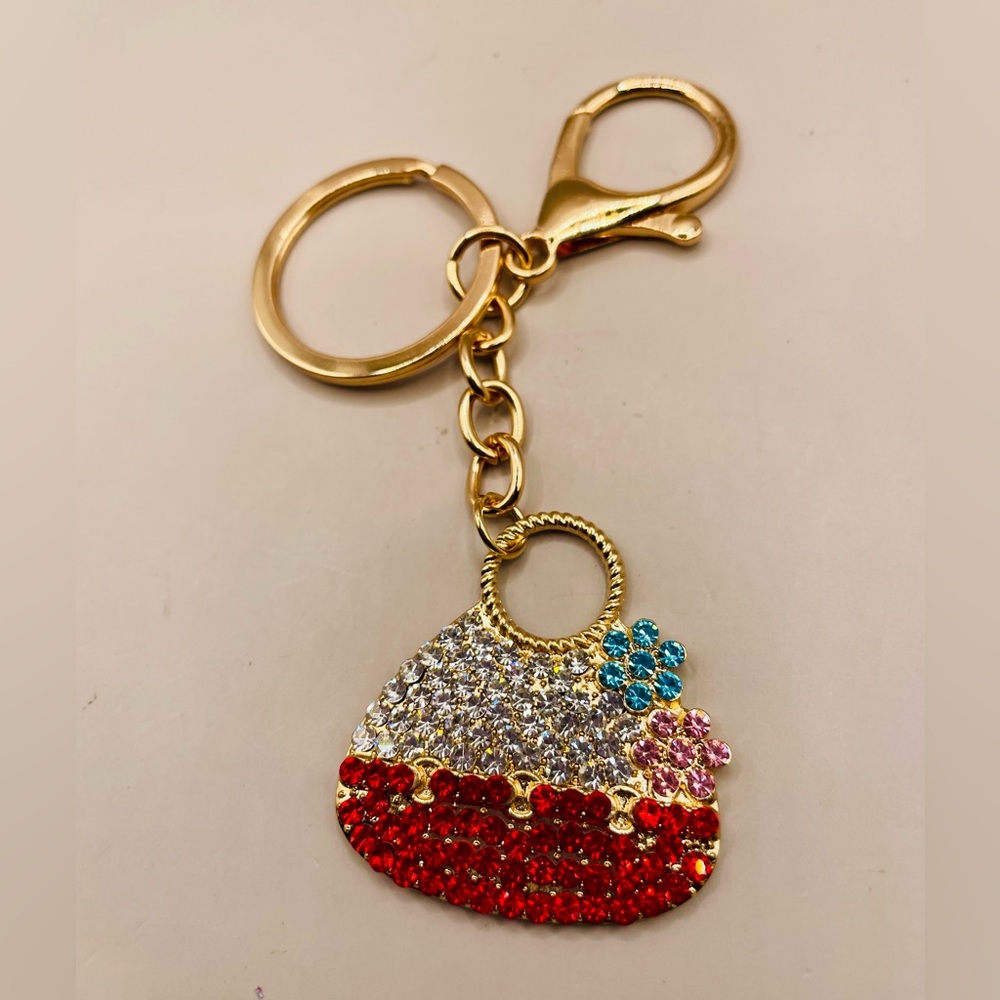 Purse red and multi rhinestone key chain. Key ring. Purse, bag, backpack charm